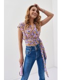 Chiffon blouse with ties in a floral print, lilac and yellow 20450 - Online store - Boutique